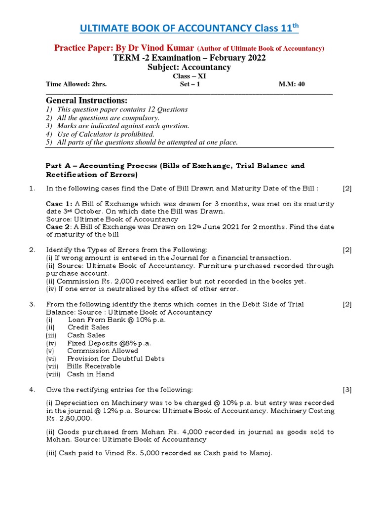 Class 11 Accountancy Practice Paper | PDF | Debits And Credits | Bad Debt