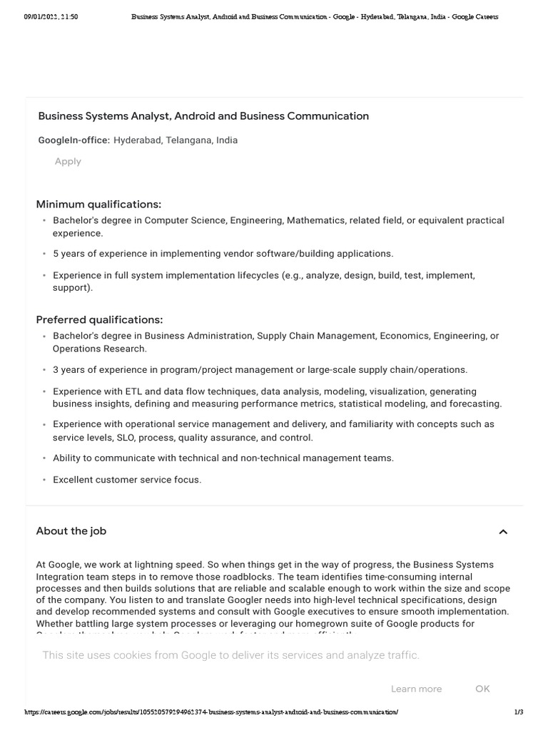 Google Business Systems Analyst, Android and Business Communication Google Hyderabad