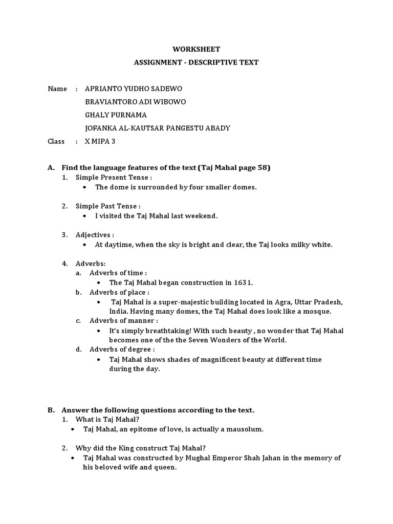 Worksheet - Descriptive Text | PDF
