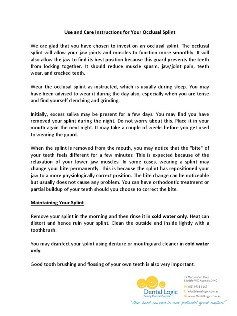 Use and Care Instructions For Your Occlusal Splint PDF Toothbrush