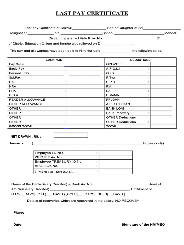 Last Pay Certificate Format for Teachers | PDF
