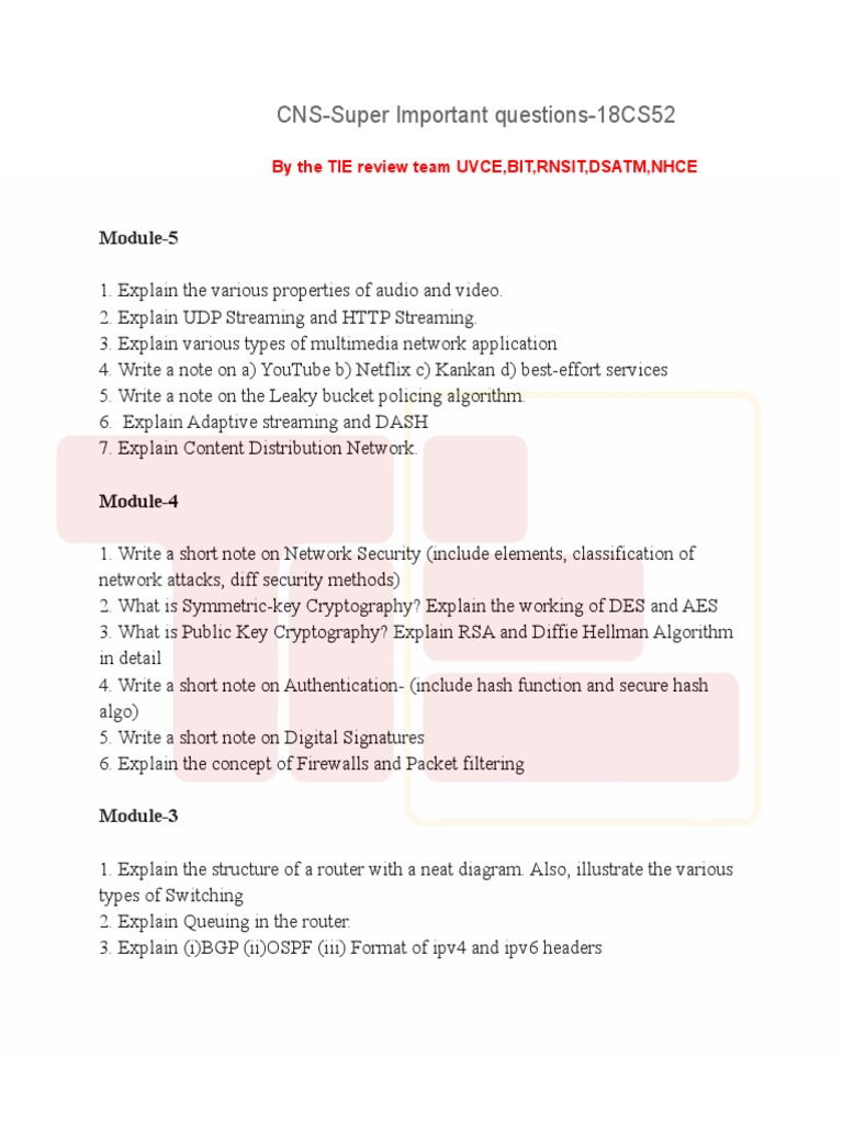 CNS-Super Important questions-18CS52 | PDF | Transmission Control 