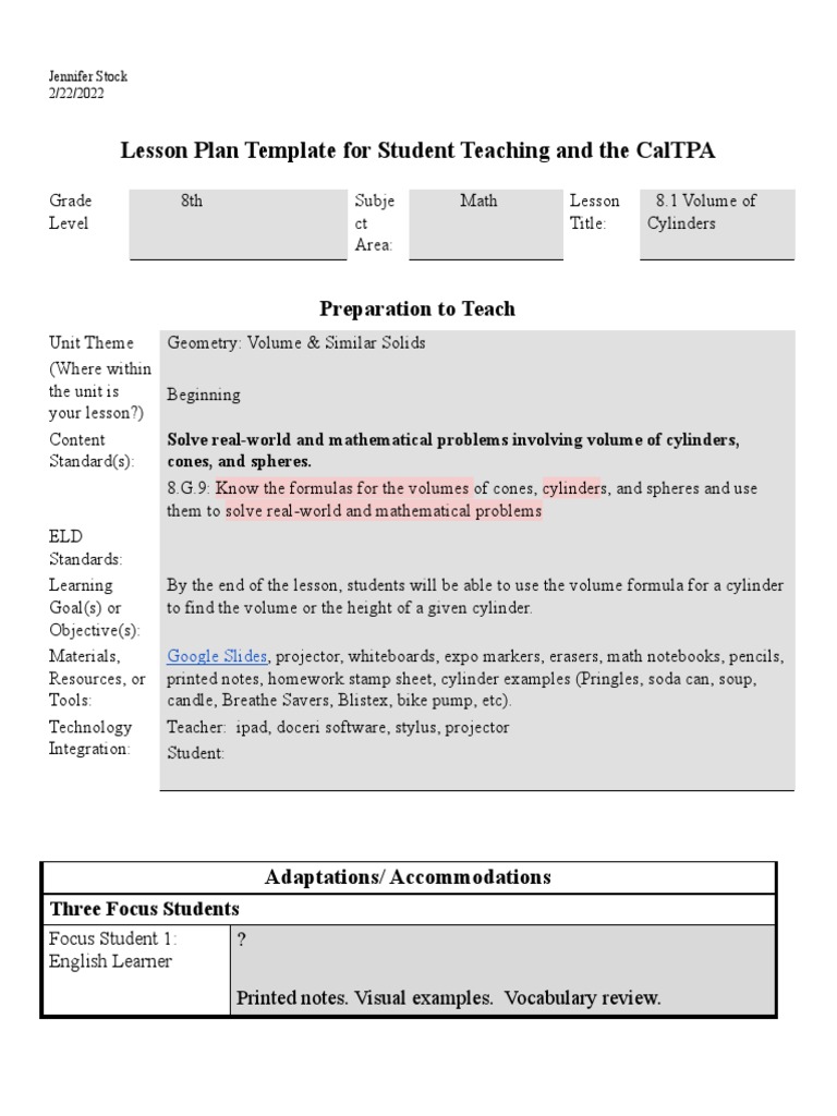 Student Teaching Lesson Plan Volume of Cylinders 1 | PDF | Teachers ...
