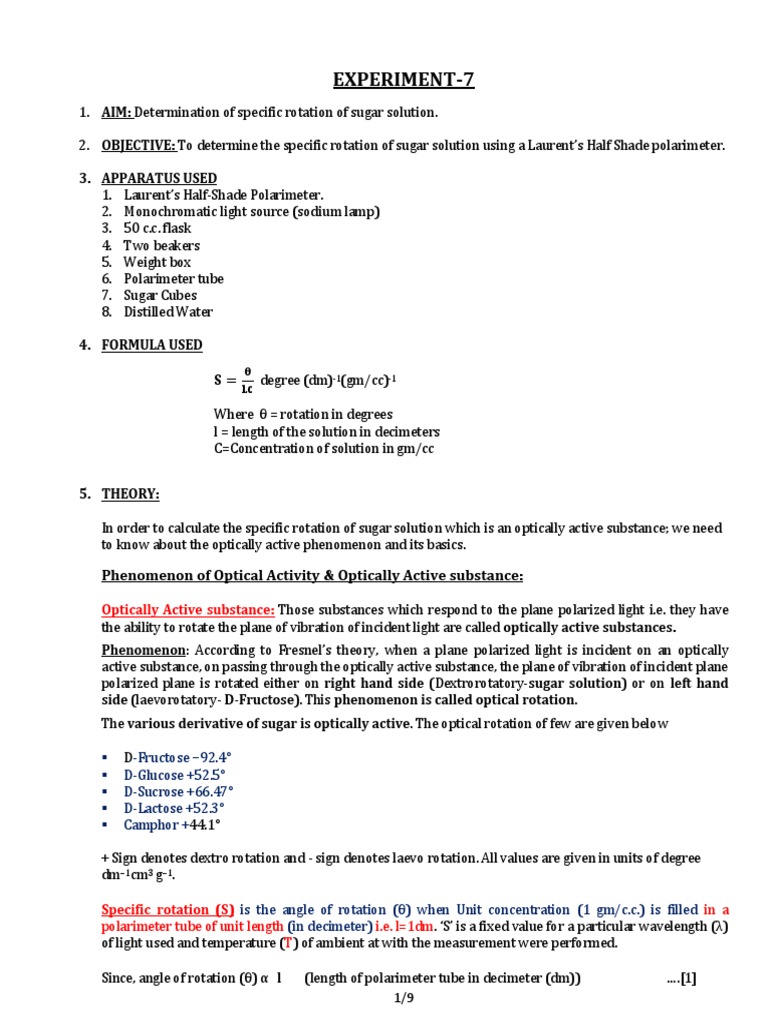 Manual - Specific Rotation of Sugar Using L - Polarimeter | PDF ...