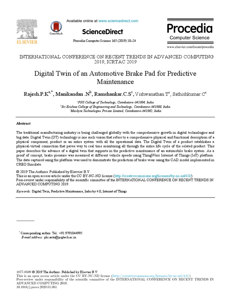 Digital Twin of An Automotive Brake Pad For Predictive Maintenance