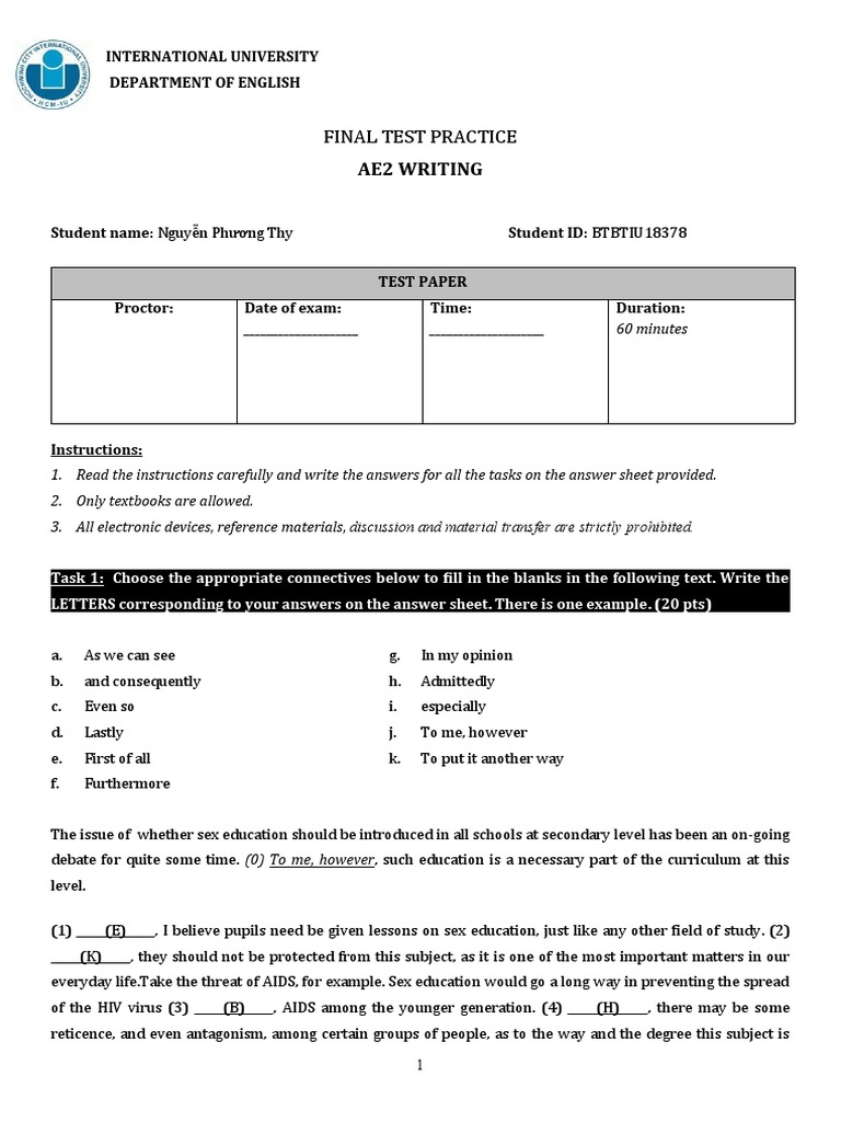 AE2 Writing Final Test Practice | PDF | Sex Education | Test (Assessment)