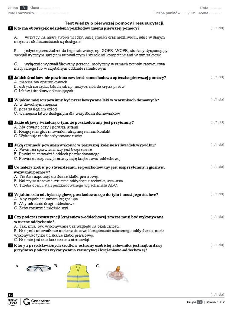 Test o Pierwszej Pomocy I Resuscytacji PDF