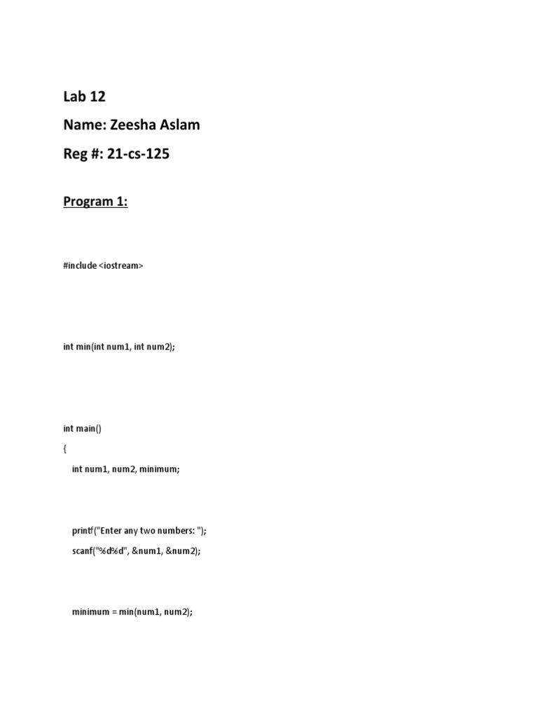 Lab 12 Name: Zeesha Aslam Reg #: 21-cs-125: Program 1 | PDF | Teaching ...