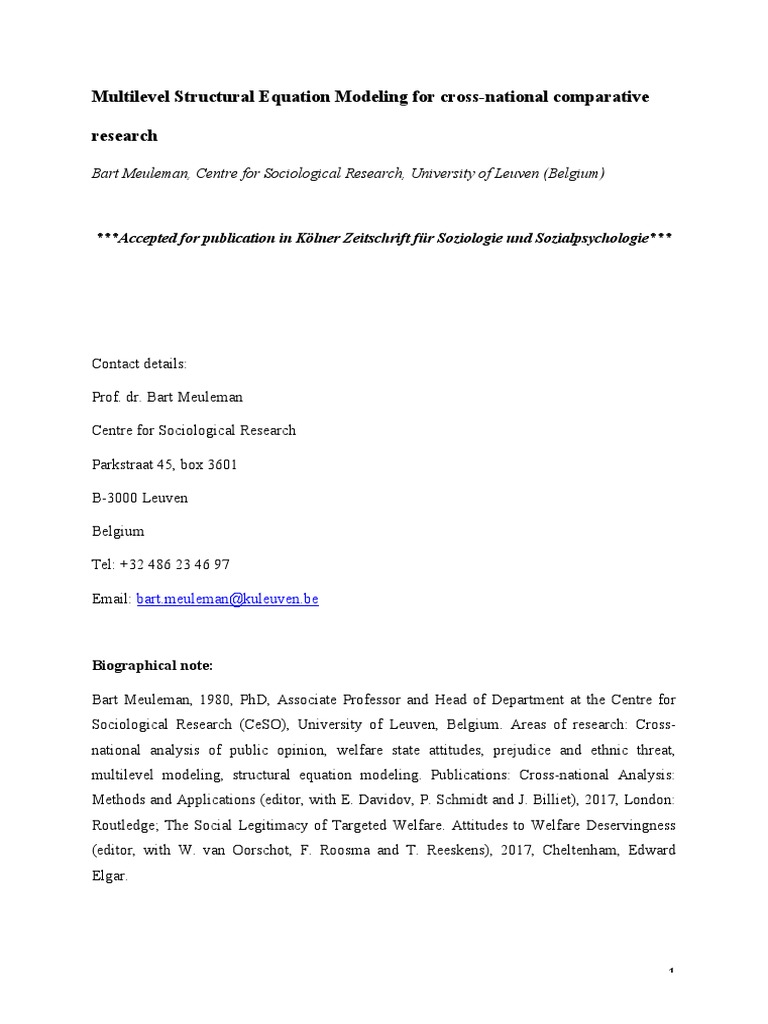 Multilevel Structural Equation Modeling For CrossNational Comparative
