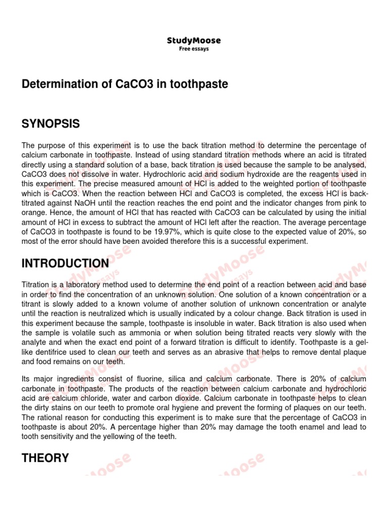 Calcium Carbonate Analysis in Toothpaste | PDF | Chemistry | Titration