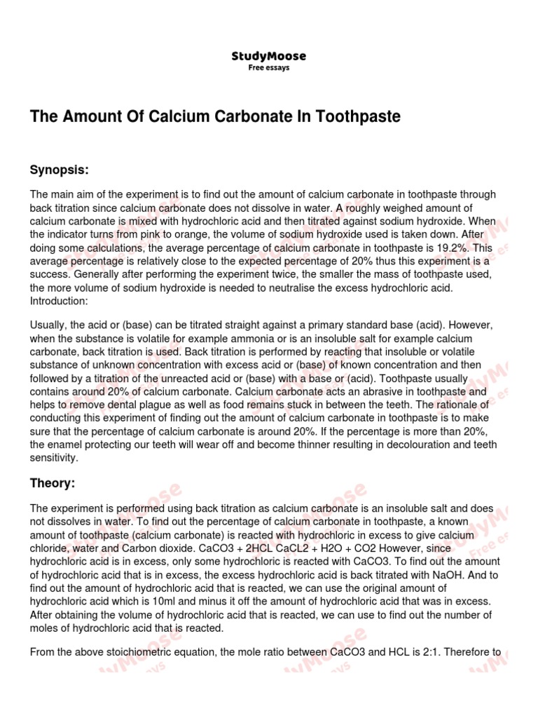 Calcium Carbonate Content in Toothpaste | PDF | Hydrochloric Acid ...