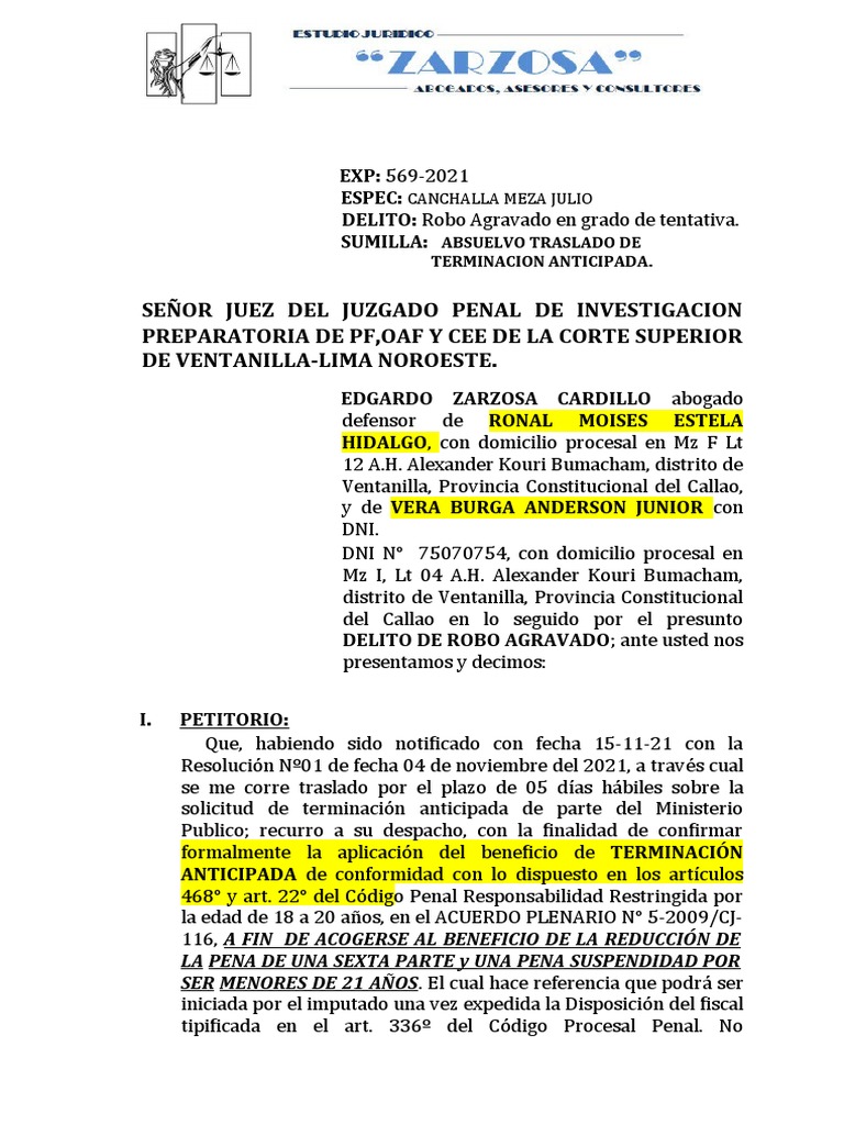 Solicitud de Terminación Anticipada | PDF | Derecho penal | Castigos