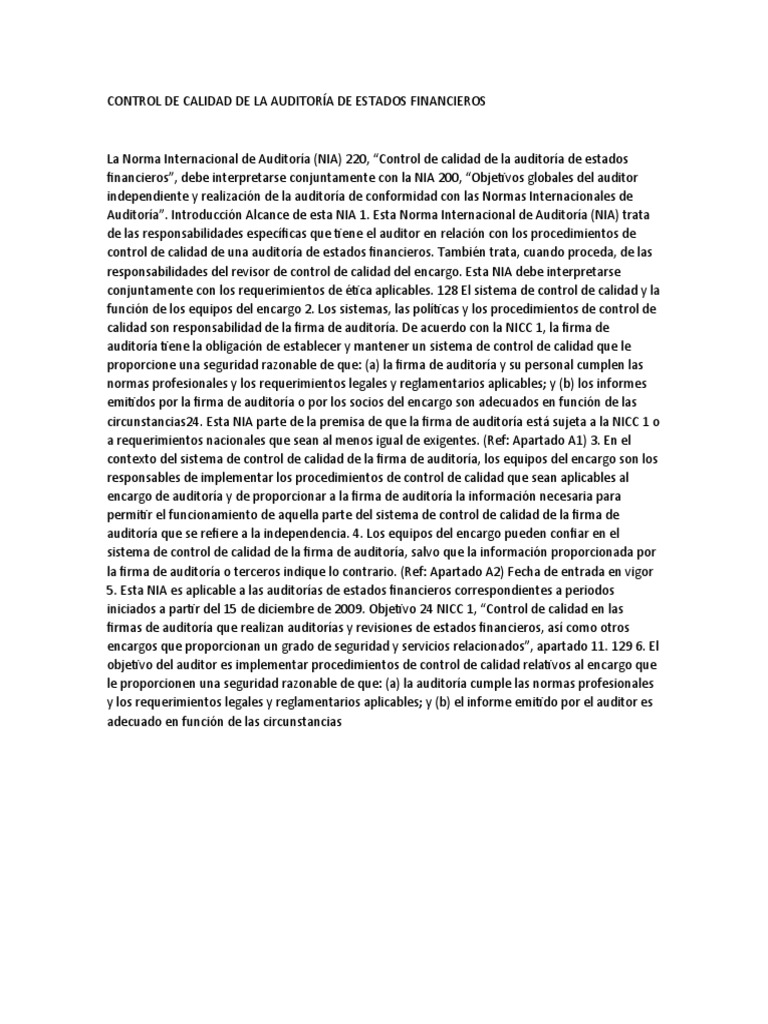 Control de Calidad en Auditorías Financieras | PDF | Auditoría | Contralor