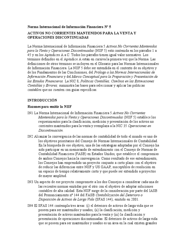 NIIF 5: Activos Mantenidos para Venta | PDF | normas internacionales de ...