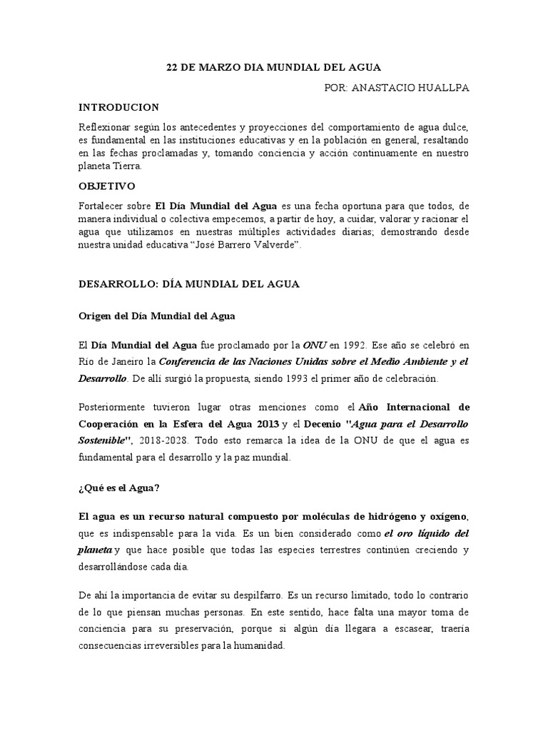 22 de Marzo Dia Mundial Del Agua-Prof. Anastacio | PDF | Agua | Escasez ...