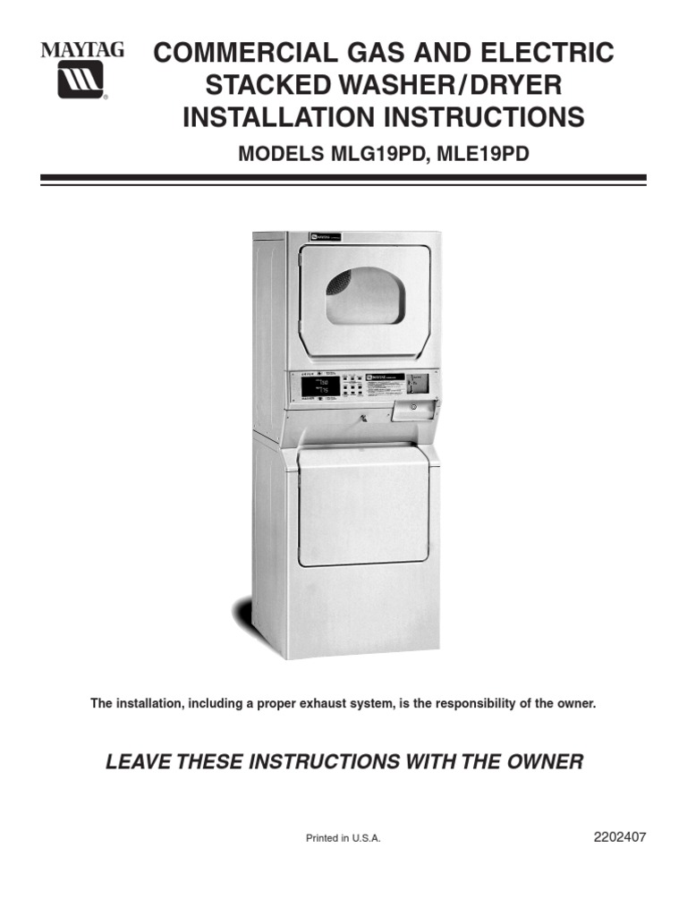 Maytag Installation Instructions For Washer Dryer Models MLG19PD