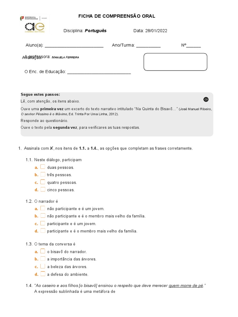 Ficha de Compreensão Do Oral | PDF | Artes Linguísticas e Disciplina