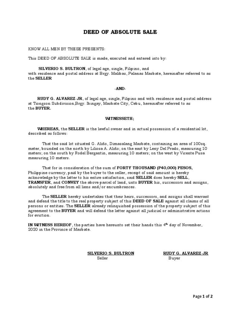 Deed of Absolute Sale 1 | PDF | Deed | Environmental Law