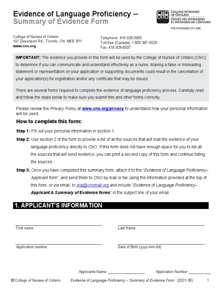 CNO Language Proficiency Form Evidence | Download Free PDF | Fax