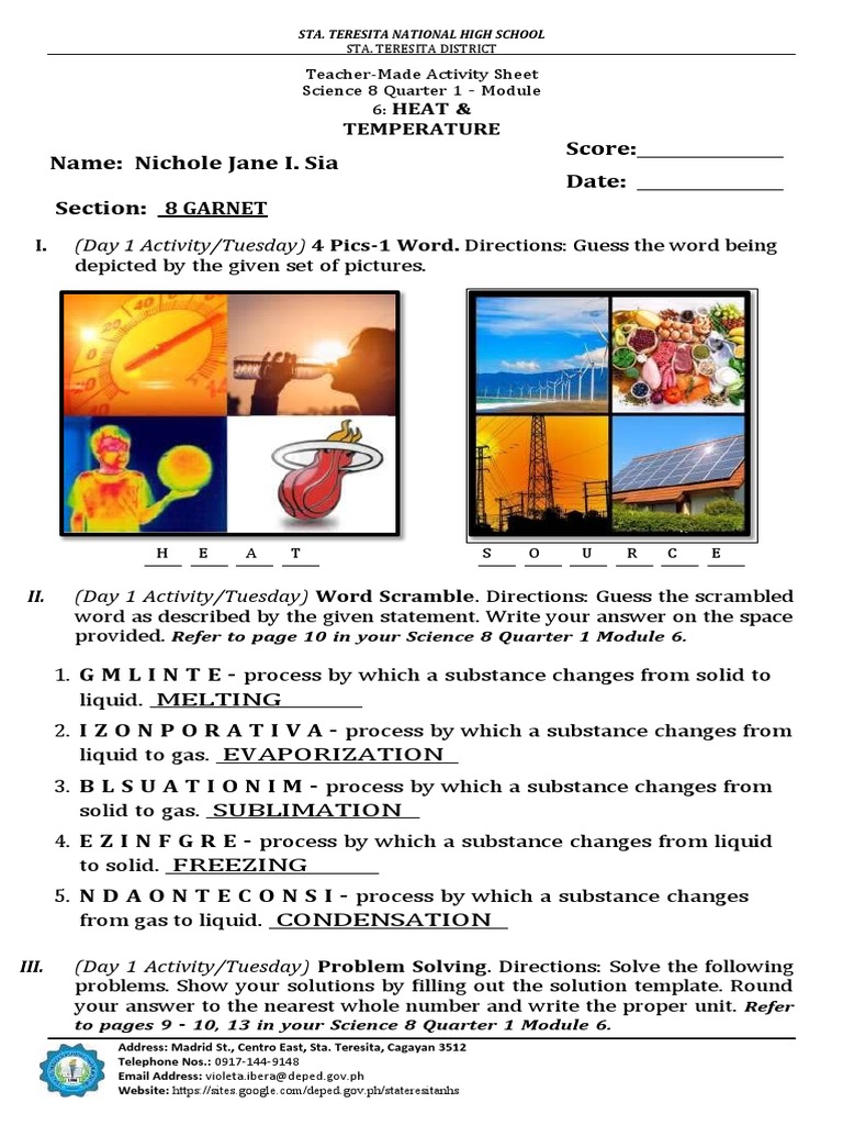q1 m6 Heat Temperature Activity Sheet Summative Test | PDF ...