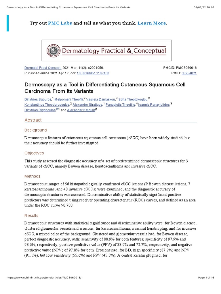 Dermoscopy in Cutaneous SCC Diagnosis | PDF | Receiver Operating ...