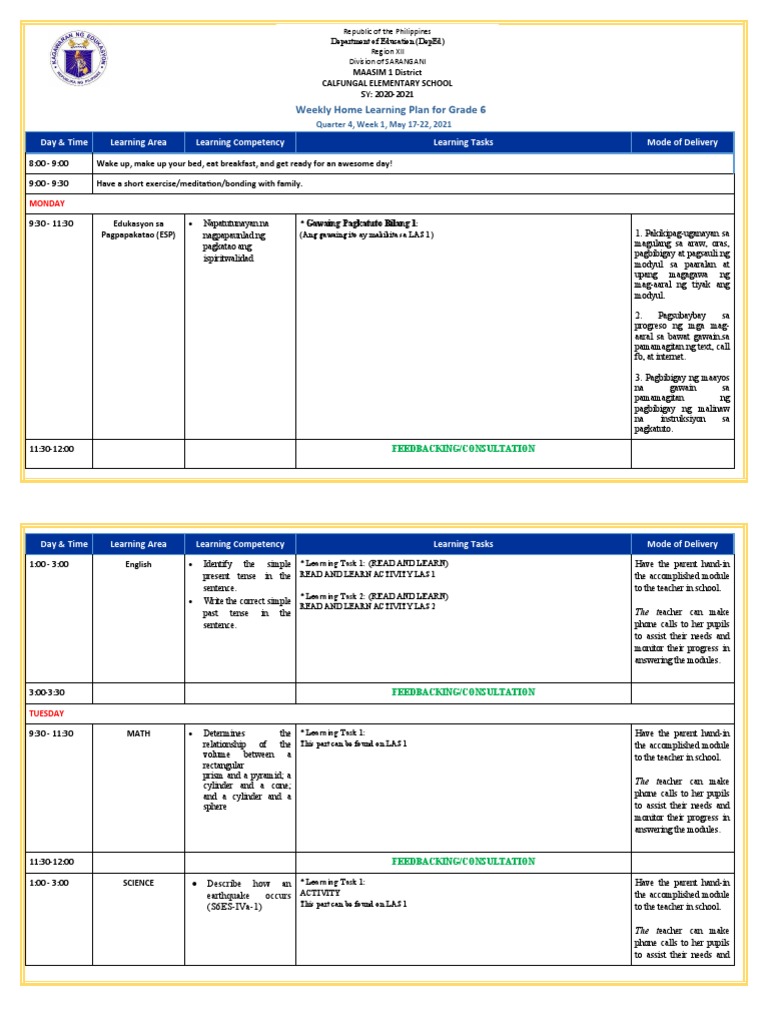 Grade 6 - All Subjects - WHLP - Q4 - W1 | PDF | Education Theory ...