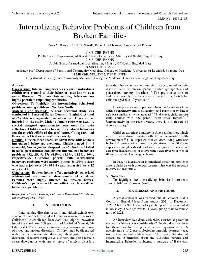 Internalizing Behavior in Children from Broken Families | PDF | Mental ...