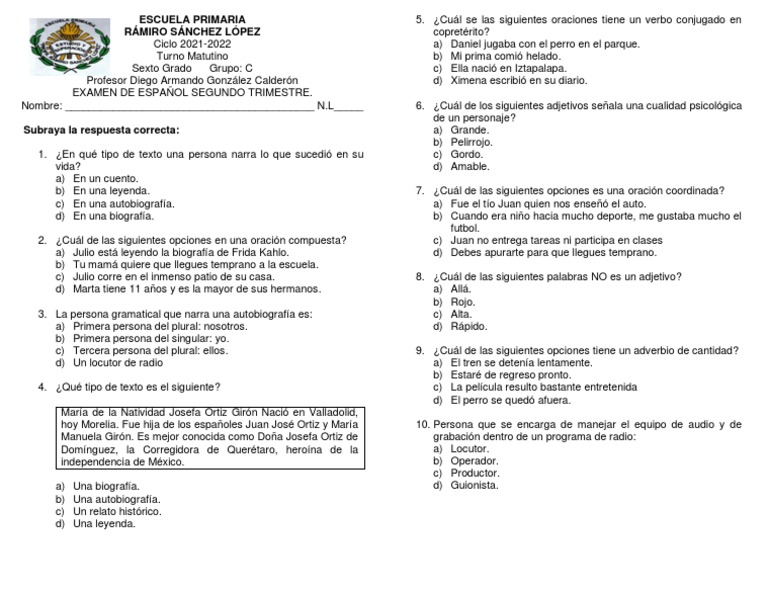 Examen 6to Español Trim Ii PDF Lingüística Gramática