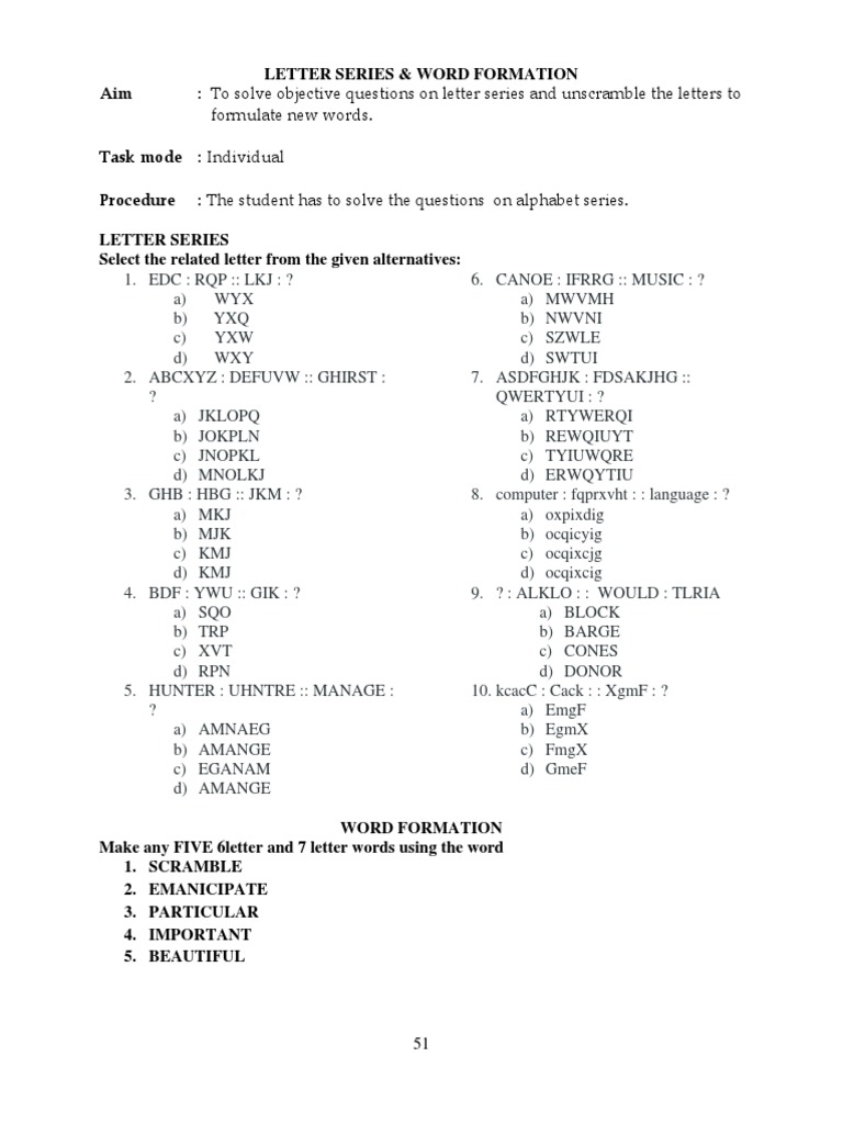 Letter Series and Word Formation Exercises | PDF | Linguistics