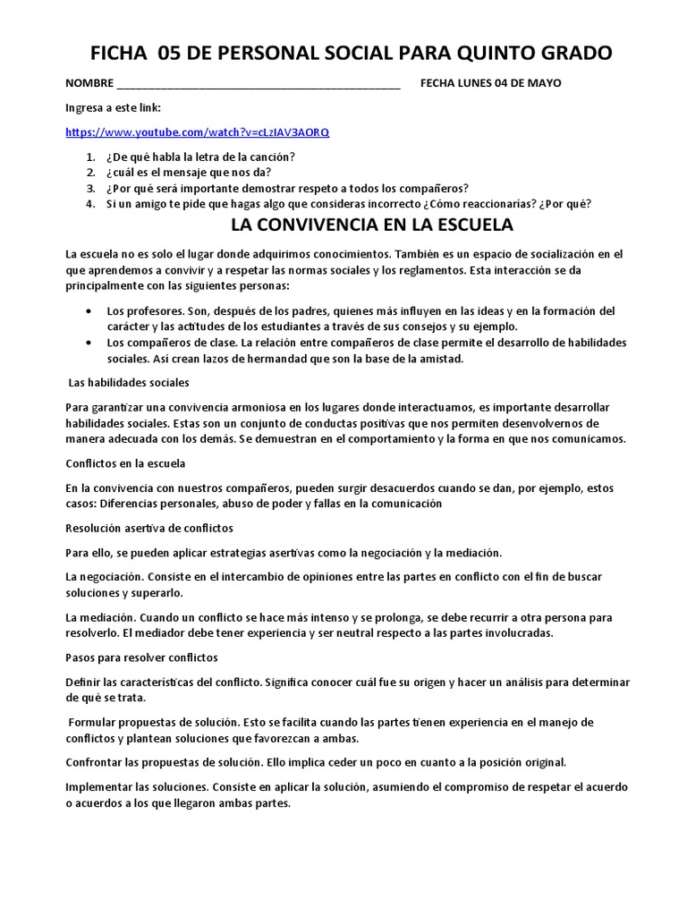Ficha 05 de Personal Social para Quinto Grado | PDF | Mediación ...