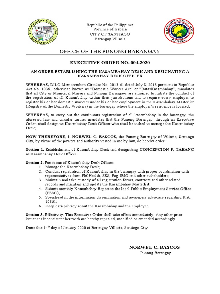 Executive Order Kasambahay PDF Public Law Justice