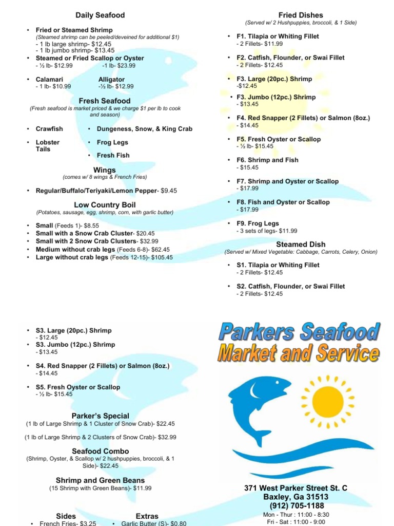 Parker Seafood Menu | PDF | Cuisine | Food Ingredients