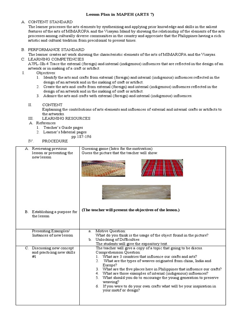 MAPEH Arts Lesson Plan for Grade 7 | PDF | Learning | Lesson Plan