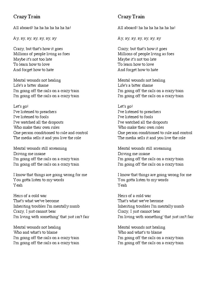 Crazy Train Lyrics PDF
