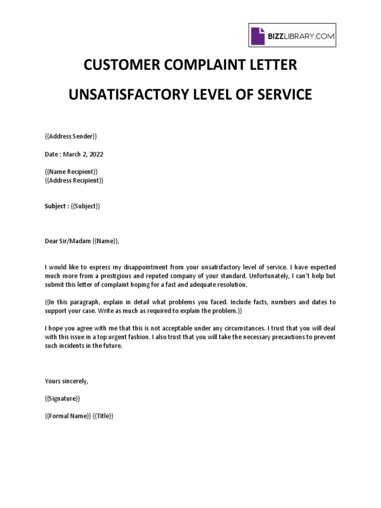 Customer Complaint Letter Unsatisfactory Level of Service: Subject ...