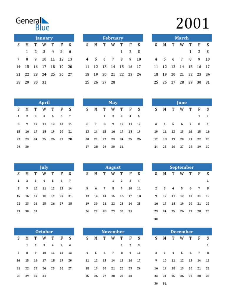 2001 Year Calendar Overview | PDF