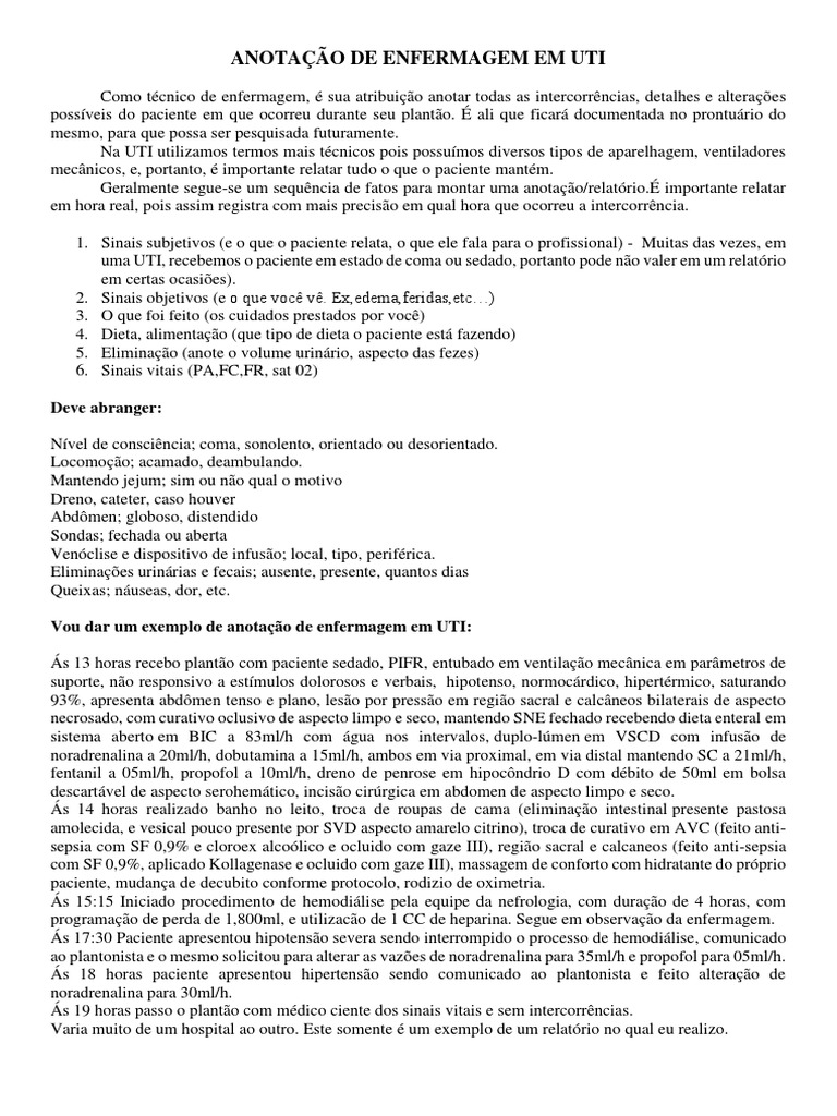 Anotação de Enfermagem em UTI | PDF | Enfermagem | Sistema de saúde