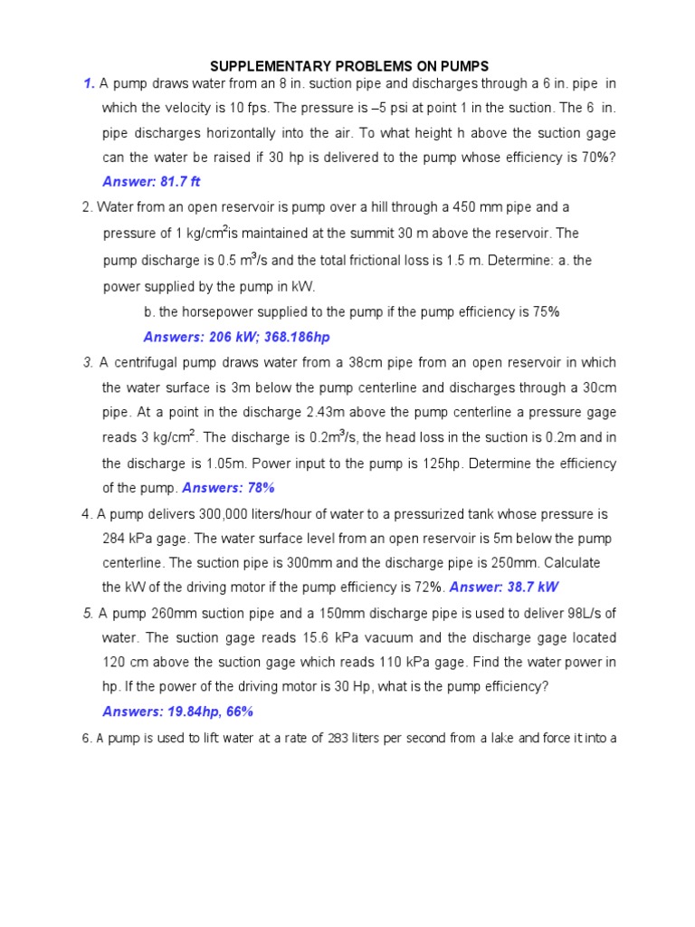 Supplementary Problems On Pumps | PDF