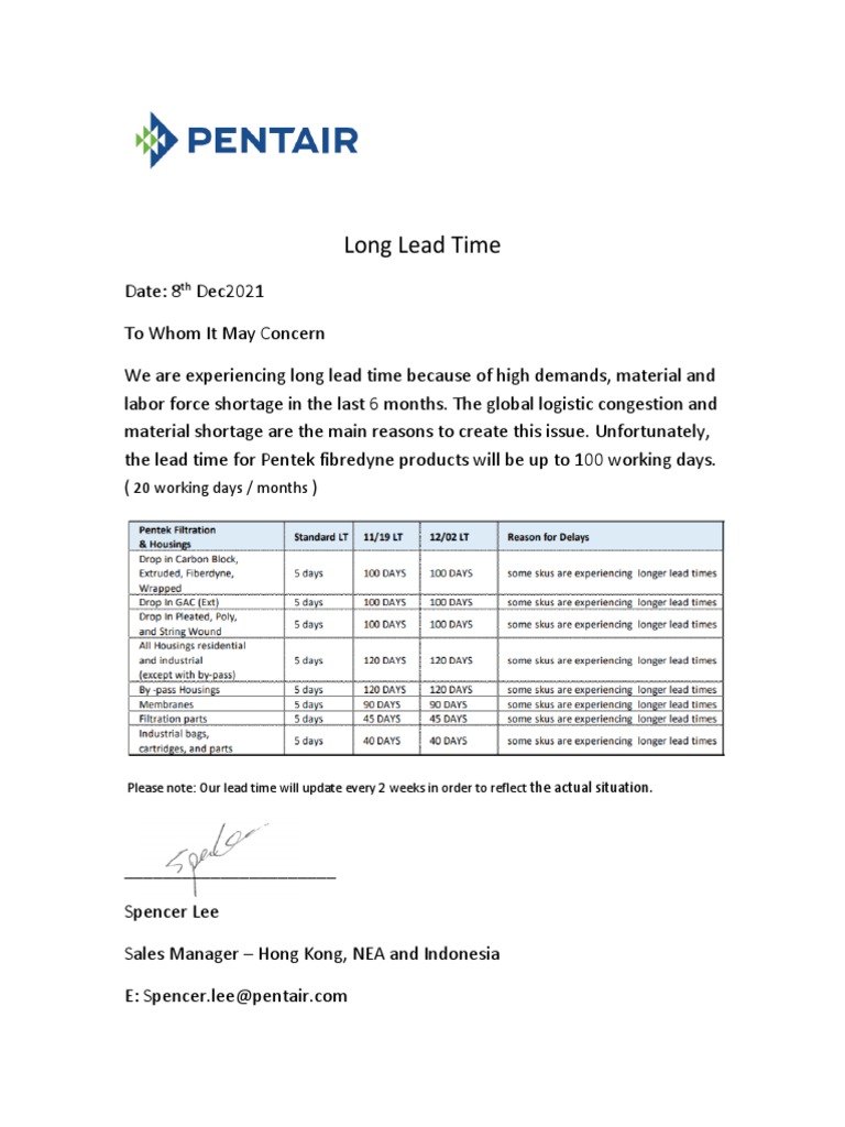 Long Lead Time: 20 Working Days / Months | PDF