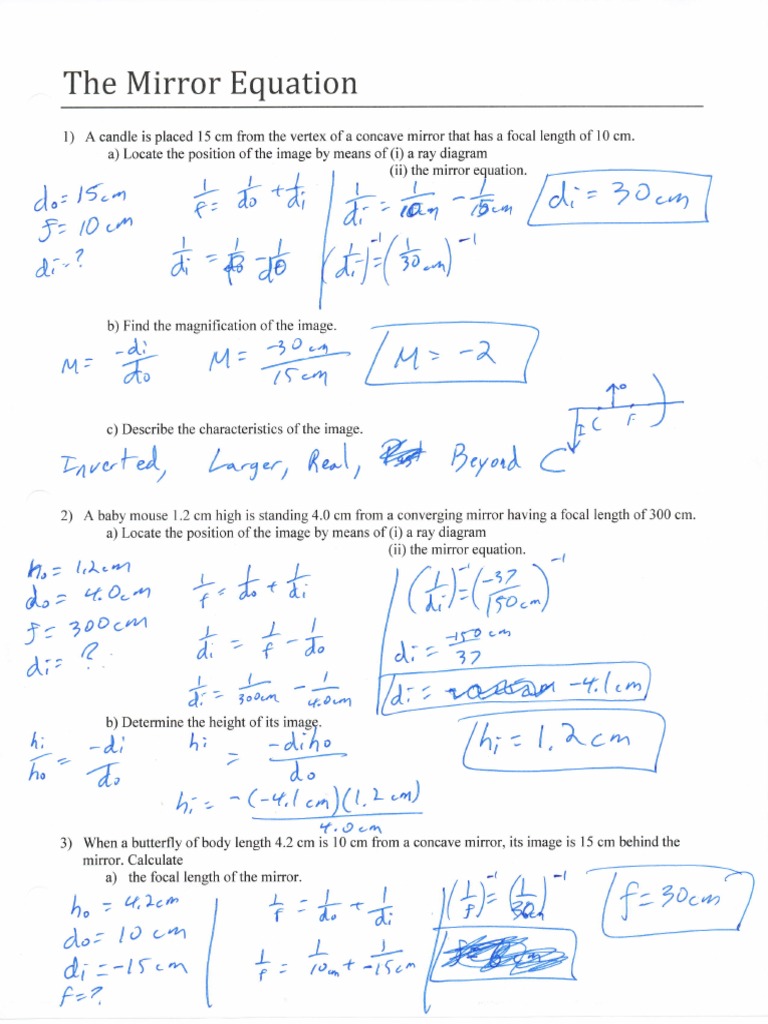 Mirror Equation Worksheet Key PDF Components Equipment