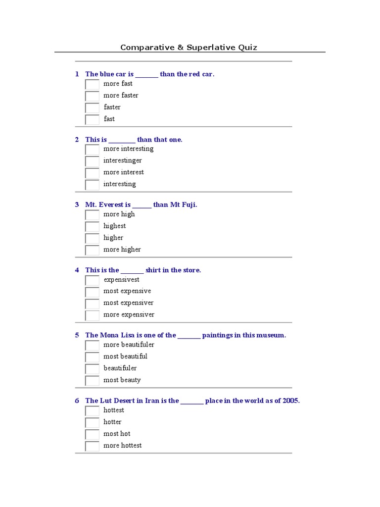 Comparative and Superlative Quiz | PDF