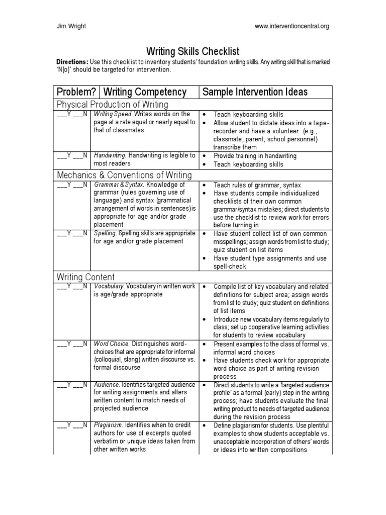 Writing Skills Inventory Checklist | PDF | Homework | Rubric (Academic)