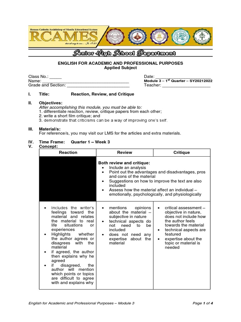 1Q Eapp Mod 3 | PDF | Criticism | Rubric (Academic)