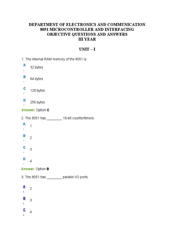 Department of Electronics and Communication 8051 Microcontroller and