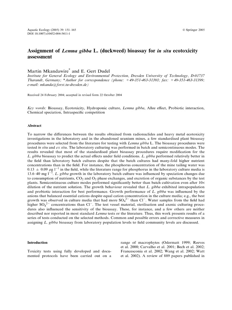 Assignment of Lemna Gibba L. (Duckweed) Bioassay For in Situ