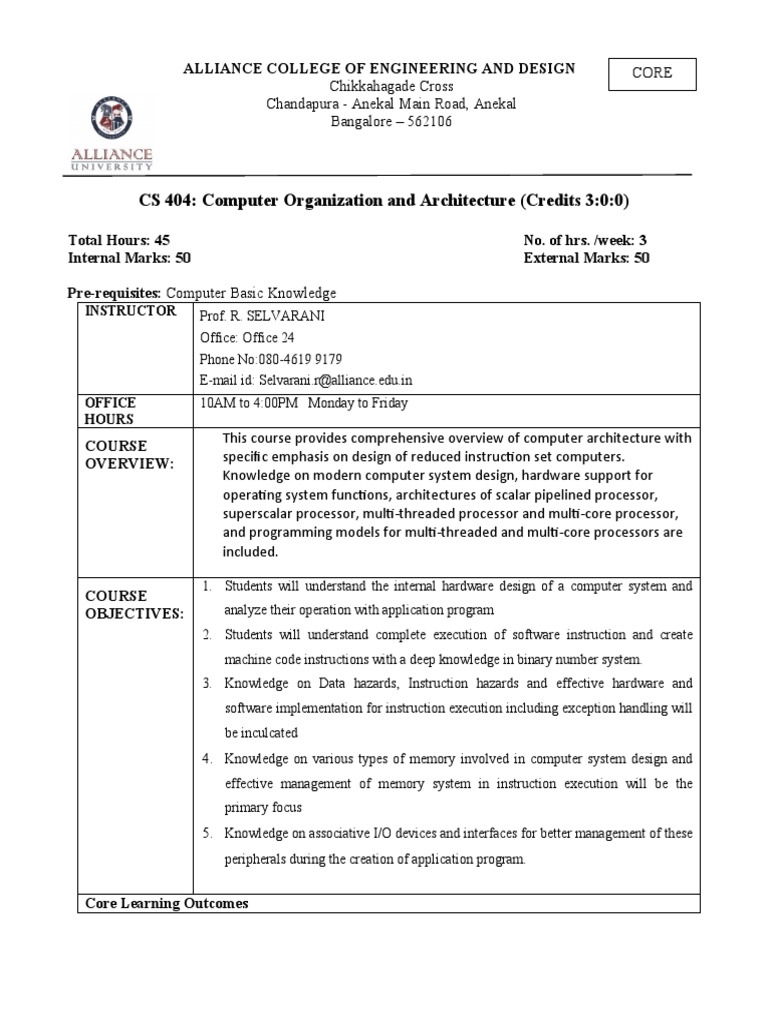 CS 404: Computer Organization Syllabus | PDF | Central Processing Unit ...