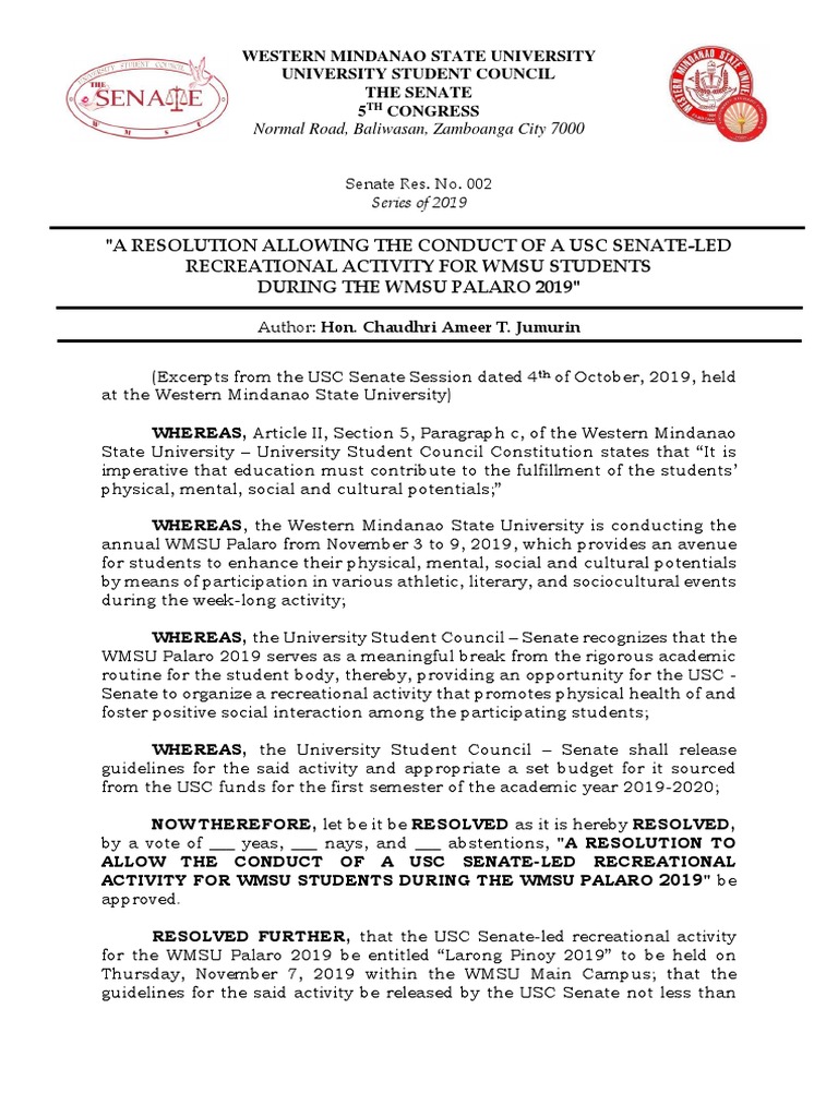 A Resolution Allowing The Conduct of A Usc Senate-Led Recreational