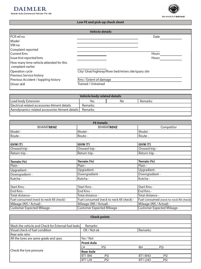Low Fuel Efficiency and Pick-Up Issue Diagnosis Check Sheet for Daimler ...