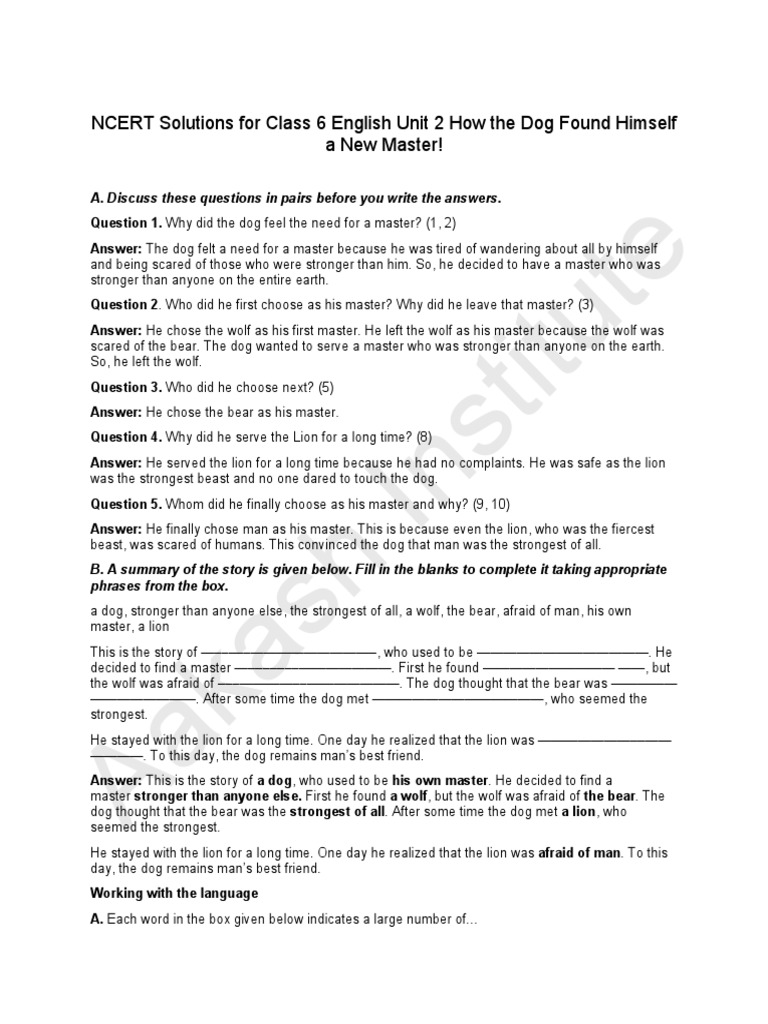 class 6 english unit 2 chapter 1 question answer