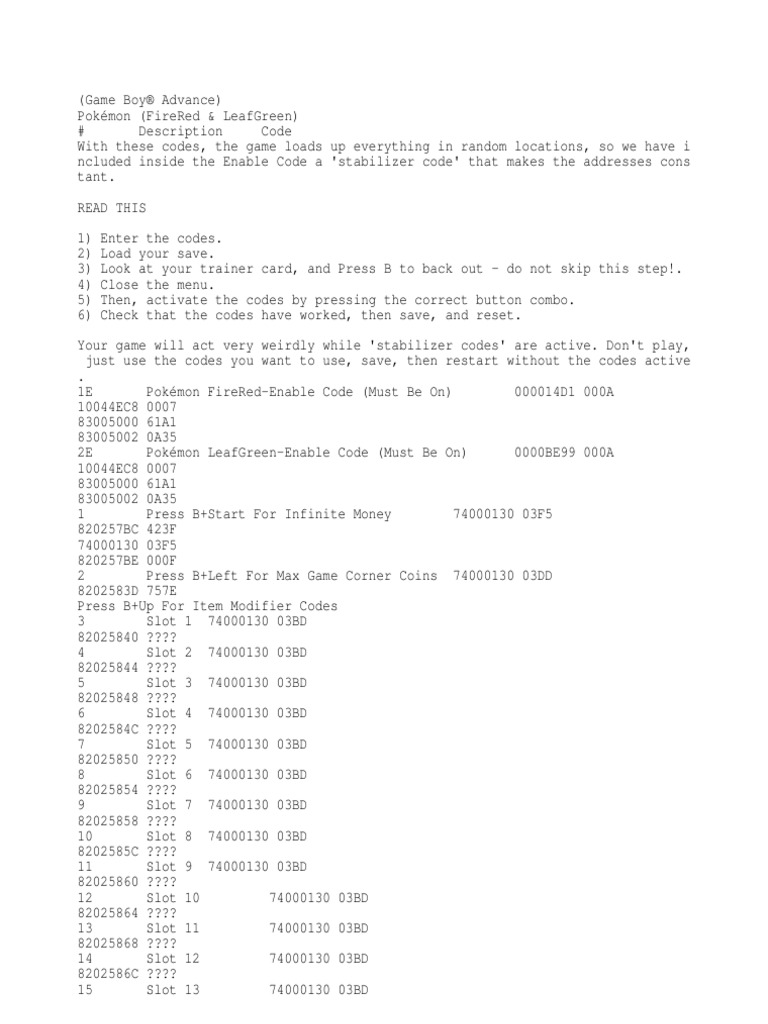 Some Pokemon Firered Codes | PDF | Artificial Mythology | Series Of ...